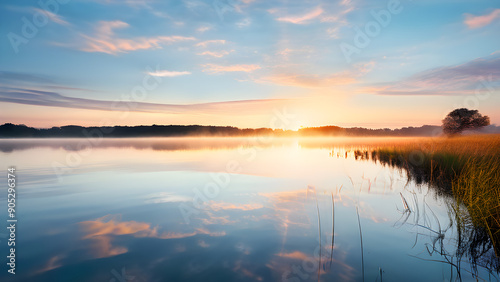 serene dreamy landscape pastel color palette floating clouds reflected in a tranquil lake 