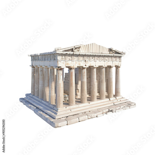 Ancient Greek Parthenon temple with Doric columns, symbol of classical architecture, isolated on white background.