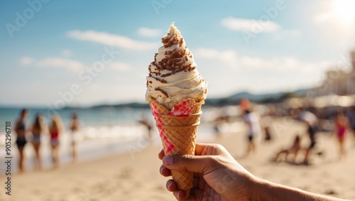 A person holding a vanilla gelato ice cream cone in his hand on a beach Blurred background sunny summer day at beach. photo