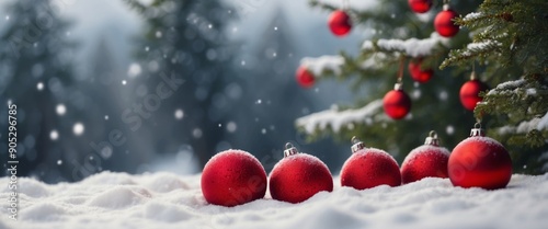 Beautiful Festive Christmas snowy background Christmas tree decorated with red balls and knitted toys in forest in snowdrifts in snowfall outdoors, banner format, copy space. photo