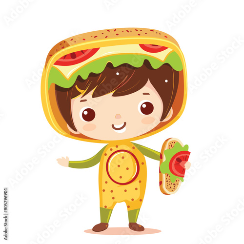 Young boy dressed taco holding taco smiling cheerful. Child costume party food theme happy expression. Cartoon kid fun fancy dress Mexican cuisine representation