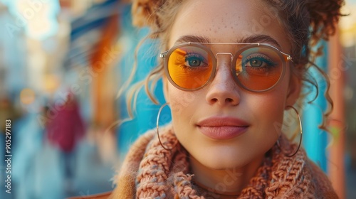 A stylish young woman with curly hair and vintage orange-tinted glasses poses in a fashionable city setting, embodying modern trends, confidence, and a unique sense of style.