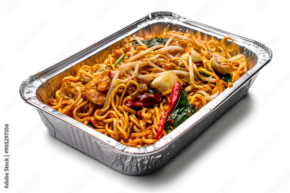 Aluminum container with a noodle asian meal, food isolated on white background Aluminum container with a noodle asian meal, food isolated on white background