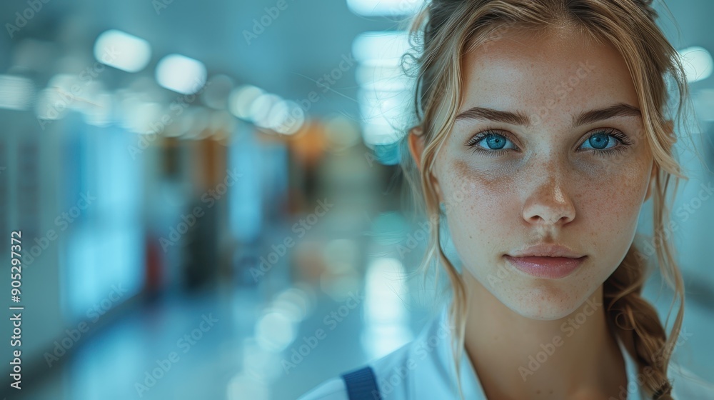 A focused young woman with a calm expression stands in a hospital hallway, her blue eyes and white coat signifying her role in the medical field, dedicated to patient care. A focused young woman with a calm expression stands in a hospital hallway, her blue eyes and white coat signifying her role in the medical field, dedicated to patient care.