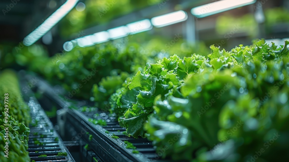A bright and detailed image of lettuce being cultivated in a hydroponic system, showcasing the efficiency and innovation of modern farming techniques using controlled environments. A bright and detailed image of lettuce being cultivated in a hydroponic system, showcasing the efficiency and innovation of modern farming techniques using controlled environments.