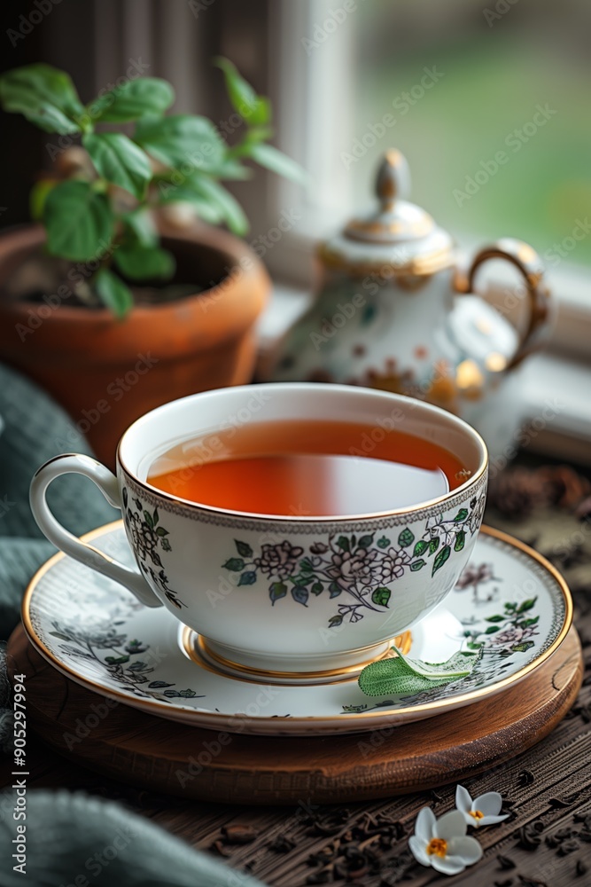 Elegant Tea Setting With Fine China Cup and Teapot Surrounded by Plants in Natural Light Elegant Tea Setting With Fine China Cup and Teapot Surrounded by Plants in Natural Light