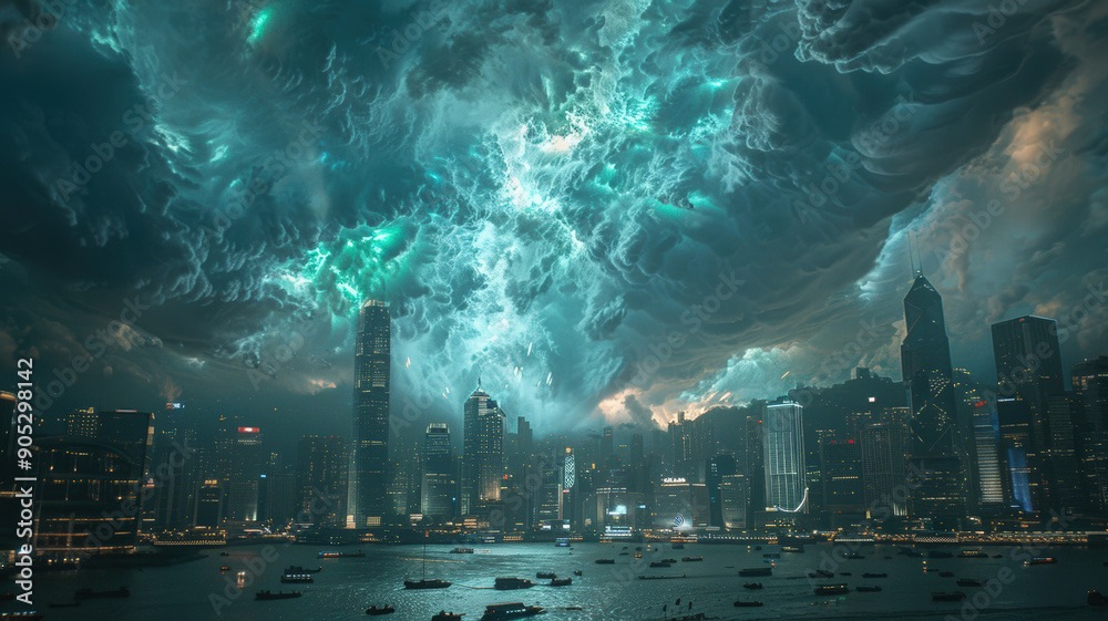Dim blue-green atmospheric explosions over a bustling cityscape, with vivid lighting effects and dynamic smoke, creating an intense, high-energy scene, exemplifying dramatic urban chaos Dim blue-green atmospheric explosions over a bustling cityscape, with vivid lighting effects and dynamic smoke, creating an intense, high-energy scene, exemplifying dramatic urban chaos