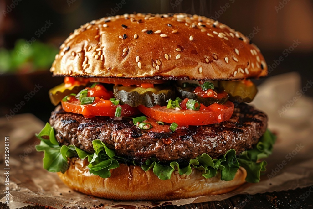 Juicy Gourmet Cheeseburger with Bacon, Pickles, and Fresh Vegetables on Sesame Seed Bun - Delicious Homemade Burger with Rustic Potato Wedges Juicy Gourmet Cheeseburger with Bacon, Pickles, and Fresh Vegetables on Sesame Seed Bun - Delicious Homemade Burger with Rustic Potato Wedges