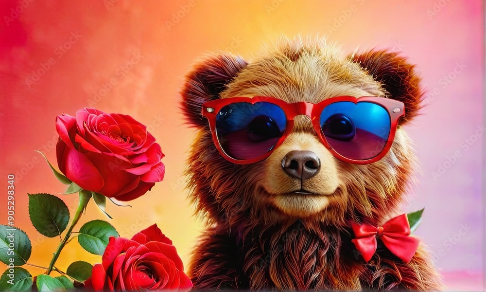 Bear with Red Sunglasses Holding Roses