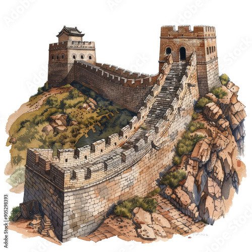 Illustration of the Great Wall of China winding through rugged mountain terrain, symbolizing ancient architecture and heritage.