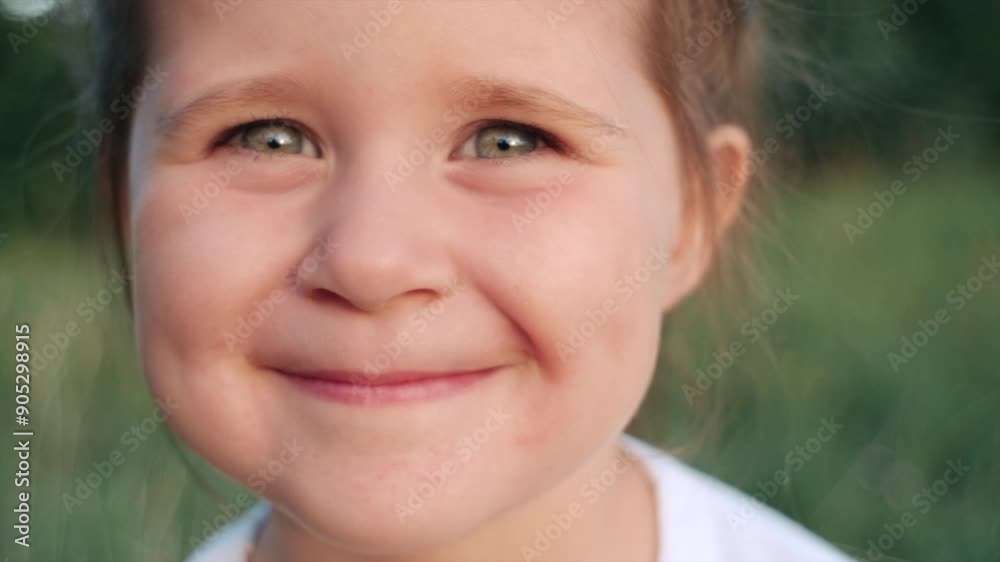 Close-up portrait of happy cute little girl child in summer park, smiling looking at camera. Adorable nice kid enjoying beautiful calm nature during sunset. Active weekend concept. Slow-motion Close-up portrait of happy cute little girl child in summer park, smiling looking at camera. Adorable nice kid enjoying beautiful calm nature during sunset. Active weekend concept. Slow-motion