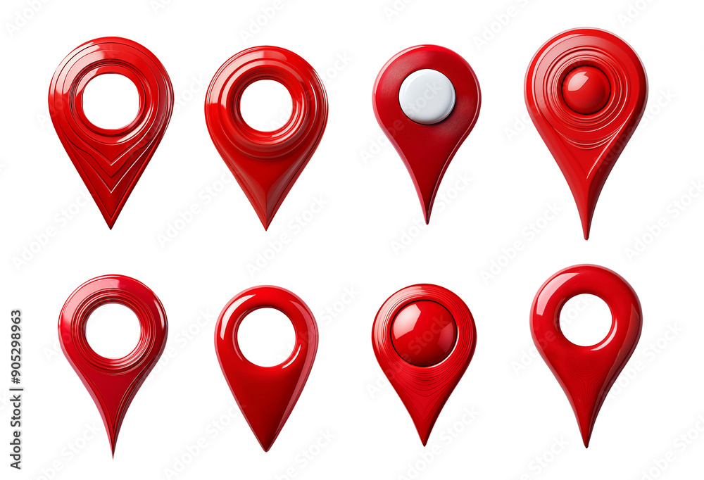A set of eight red map location pins in various designs, perfect for navigation, travel, and map-centric projects. A set of eight red map location pins in various designs, perfect for navigation, travel, and map-centric projects.