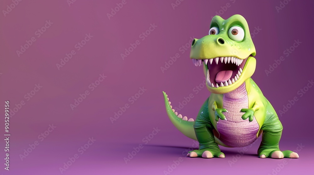 Obraz premium A cartoon dinosaur with a big smile on a purple background.