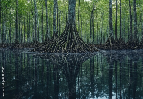 A dense swamp forest with trees displaying intricate root systems above the waterline, creating a mystical atmosphere