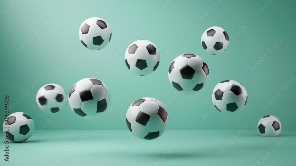 Floating soccer balls on green background with shadow effect Floating soccer balls on green background with shadow effect