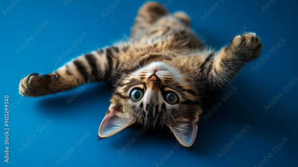A playful tabby cat lying on its back on a deep blue background. The rich color and the cat's cute expression create a visually striking and adorable scene.
