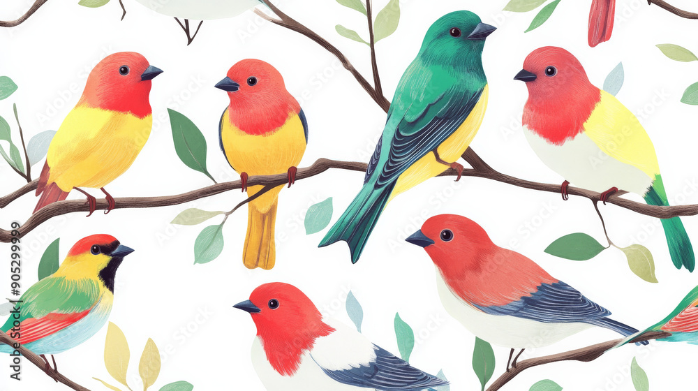 A pattern of colorful finches with bright feathers in shades of red, yellow, and green, perched on branches, creating a cheerful and lively background. A pattern of colorful finches with bright feathers in shades of red, yellow, and green, perched on branches, creating a cheerful and lively background.