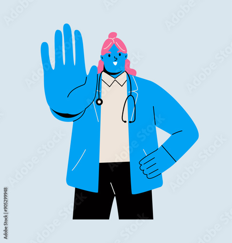 Female doctor showing hands in stop gesture. Colored flat vector illustration