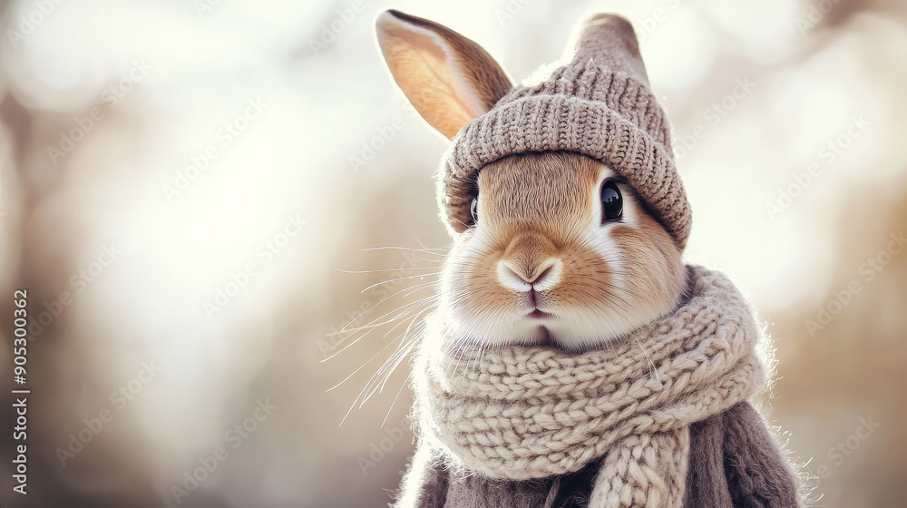 Fototapeta premium Portrait of a handsome fashionable rabbit. The rabbit is dressed in a trendy hat and a small scarf, looking adorable and sophisticated.