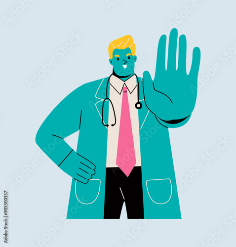 Male doctor  showing hands in stop gesture. Colored flat vector illustration
