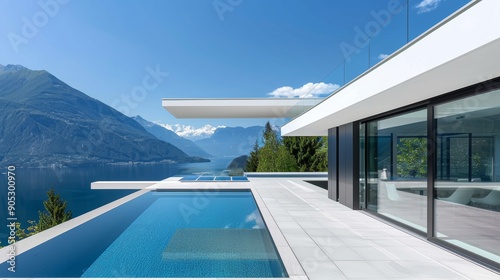 Futuristic smart home with sleek lines  solar panels  and an integrated AI system  overlooking a pristine lake and mountains