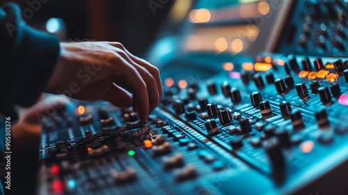 In a recording studio, an audio engineer adjusts dials and sliders on a control panel to blend different soundtracks and incorporate effects, resulting in a new musical piece. photo