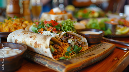 Traditional Mexican food burrito with grounded meat, corn, vegetables, on the plate in the restaurant