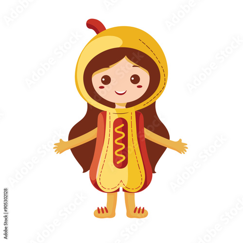 Child hot dog costume smiling, happy kid dressed fast food, fun cartoon character illustration. Young girl wearing foodthemed outfit, playful youth celebrating, fancy dress isolated white