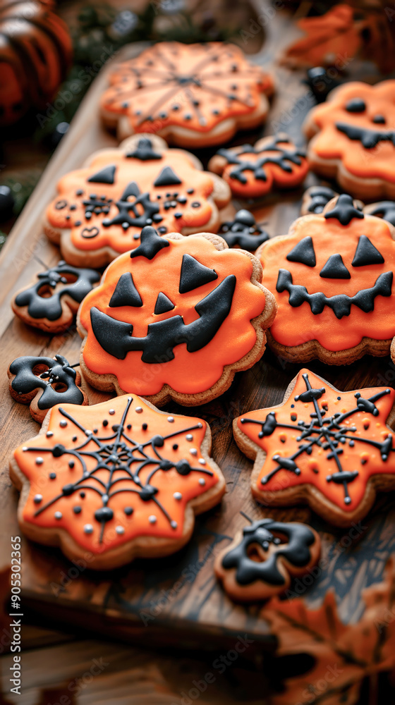 Festive Halloween-themed cookies decorated with orange and black icing, featuring spooky faces and spider web designs on a wooden tray. Festive Halloween-themed cookies decorated with orange and black icing, featuring spooky faces and spider web designs on a wooden tray.