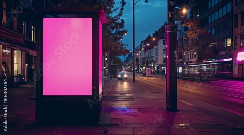 outdoor ad panel on the street at night in the city with light magenta, busy landscapes