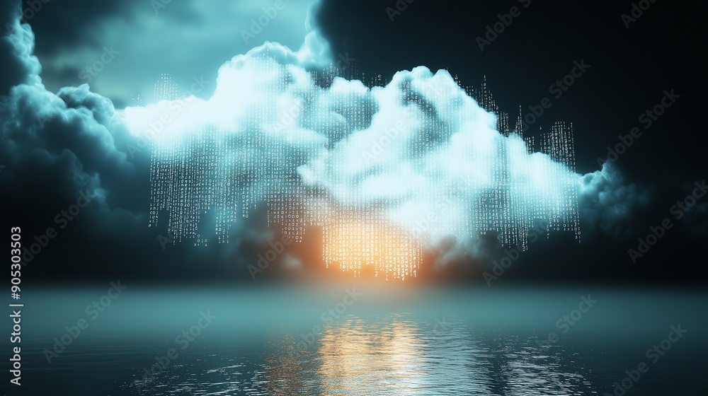 Fototapeta premium Clouds and digital code emerging from water, symbolizing digital transformation and cloud computing.