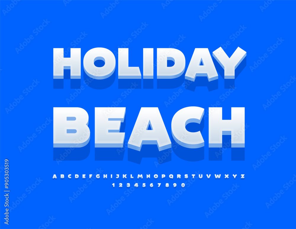 Obraz premium Vector travel flyer Holiday Beach. Modern White Font. Trendy 3D Alphabet Letters and Numbers set.