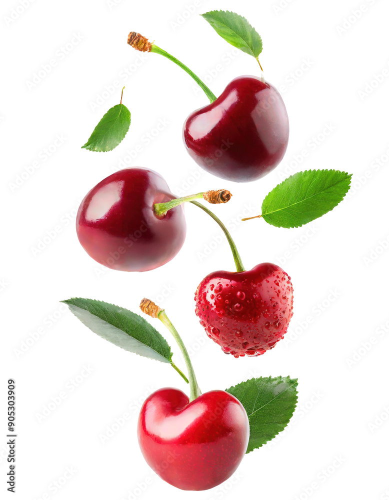 Fresh cherries with vibrant leaves, showcasing their rich color and glossy texture, perfect for culinary and design projects. Fresh cherries with vibrant leaves, showcasing their rich color and glossy texture, perfect for culinary and design projects.