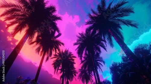 Vibrant Neon Sunset with Silhouetted Palm Trees