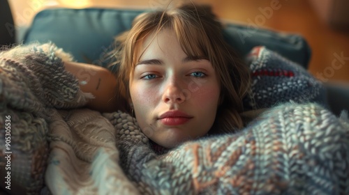 young woman taking a deep breath and trying to relax on the sofa after waking up with a hangover