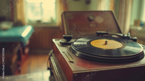 Old record player spins a vinyl, creating a cozy, nostalgic atmosphere with warm tones and soft light, perfect for music lovers