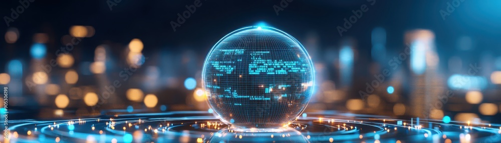 Obraz premium A futuristic digital globe surrounded by glowing lights, representing technology, data, and connectivity in a modern urban landscape.