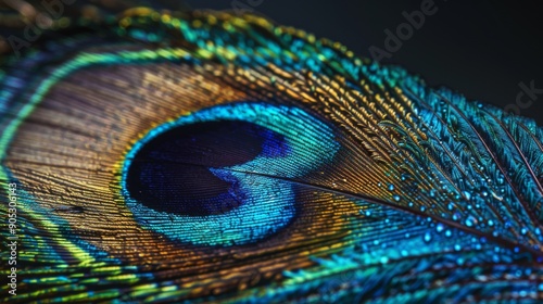 Iridescent Peacock Feather, vibrant blues and greens shimmer, intricate barbules highlighted, stunning detail of eye pattern, luxurious texture and depth, captivating natural beauty photo