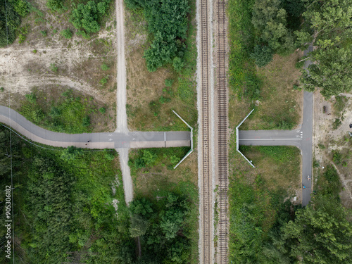 Aerial view of Lake Pogoria in Poland. lakes divided by railway tracks and a bicycle path. Lake Pogoria in Dabrowa Gornicza, Poland.