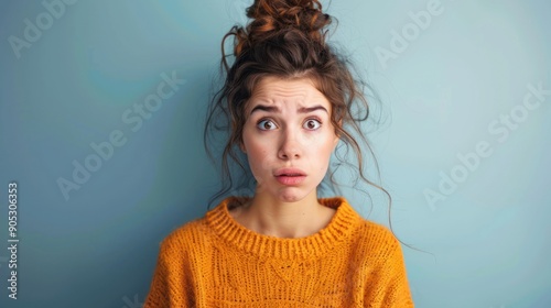 Young woman with a confused expression standing against a solid studio background