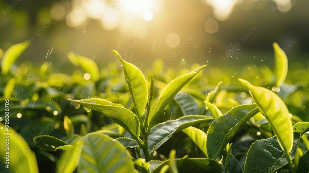 Close up of green tea leaves on a plantation in the morning Close up of green tea leaves on a plantation in the morning