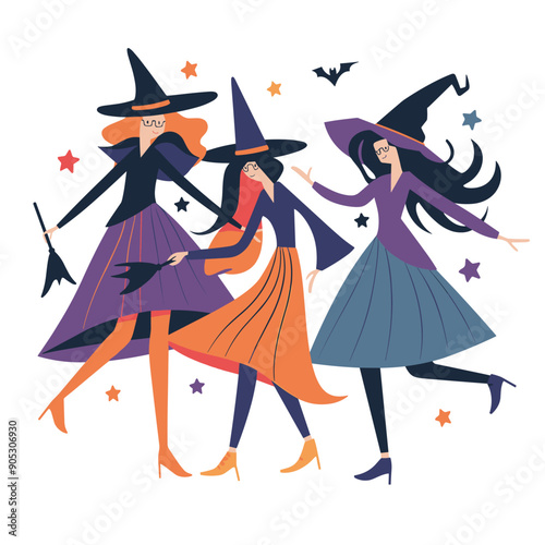 Three witches dancing joyfully, Halloween celebration, whimsical flat design. Witches wear pointy hats, flowing dresses, holding broomstick, festive magical theme. Stars, bats, vibrant colors depict