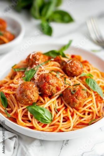 spaghetti with meatballs on a white plate on top of marble table