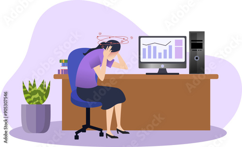 tired woman employee suffer from migraine or headaches in office room, health problems at work vector illustration, mental health at work