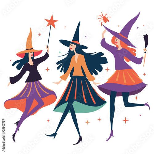 Three smiling female witches dancing, Halloween celebration, colorful attire. Joyful characters wearing pointed hats, holding magic wands, festive mood. Animated, playful witch illustration, party