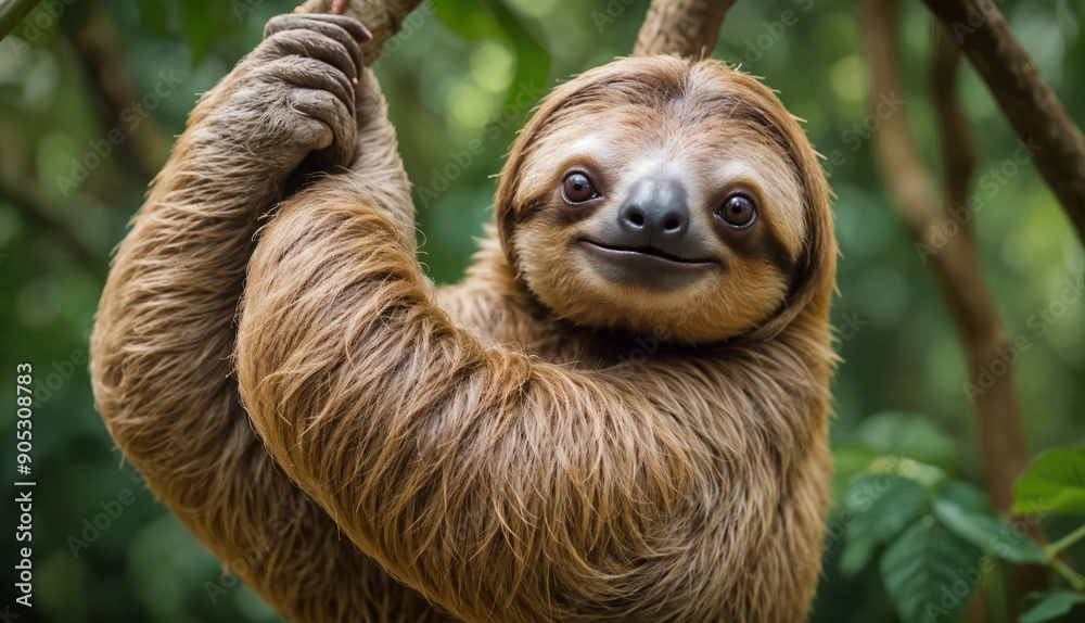 Fototapeta premium A slow-moving sloth hanging from a tree in a jungle. The sloth is brown and has a large, round face. Generative ai.