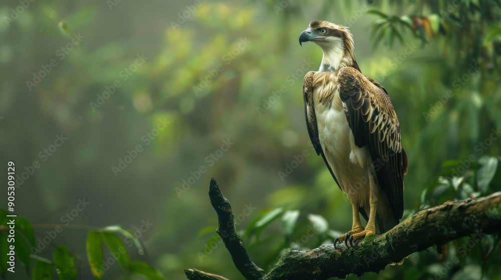 A graceful and elusive Great Philippine Eagle perched on a branch in the dense tropical rainforest of the Philippines. A graceful and elusive Great Philippine Eagle perched on a branch in the dense tropical rainforest of the Philippines.