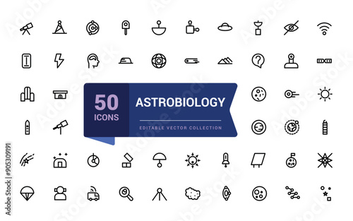 Astrobiology icon collection. Set Science outline icons collection. Minimal Linear icon editable vector stroke illustration.