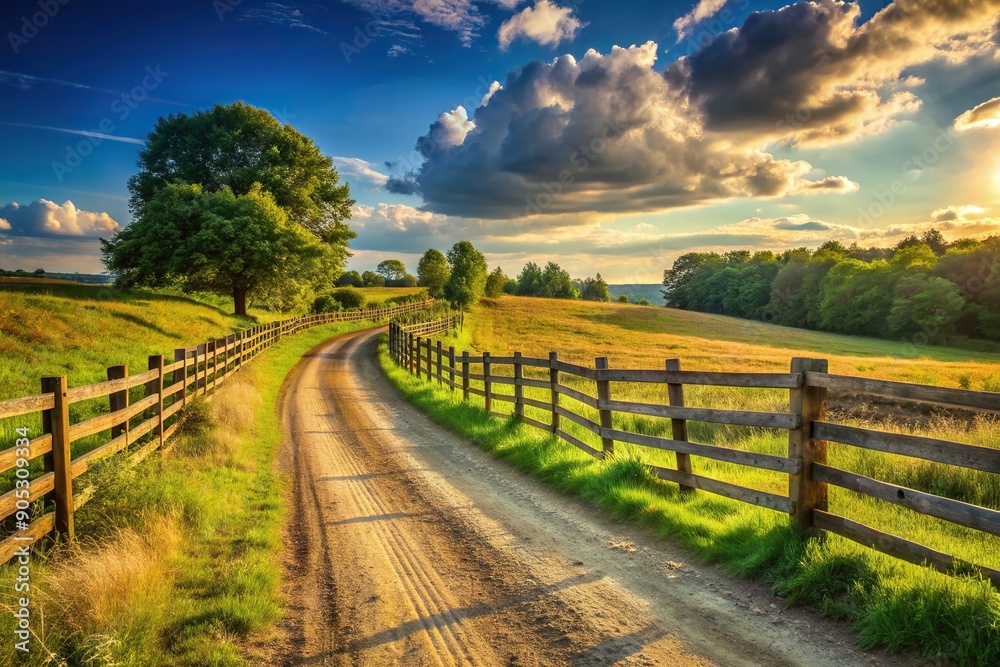 Countryside landscape with a wooden fence and dirt road at a tilted angle, countryside, dirt path, nature, landscape, perspective, dirt road, countryside scenery, wooden gate, farm