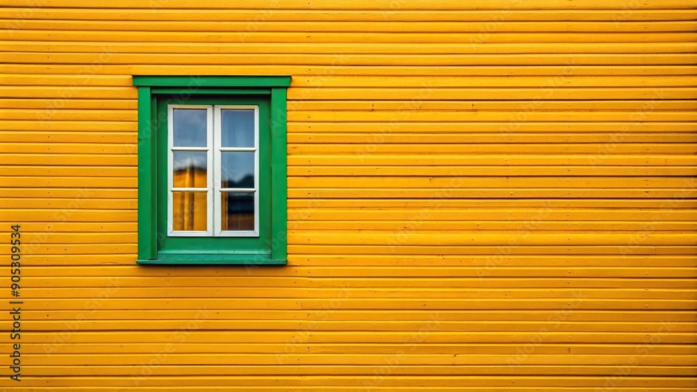 Fototapeta premium yellow wall with small window portion in green in Flam Norway Macro, colorful, window, exterior, wall, structure, detail, picturesque, quaint, background, scenic, vibrant, unique, design